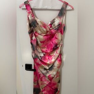 Satin Floral Pink & Cream V-Neck Women’s Dress